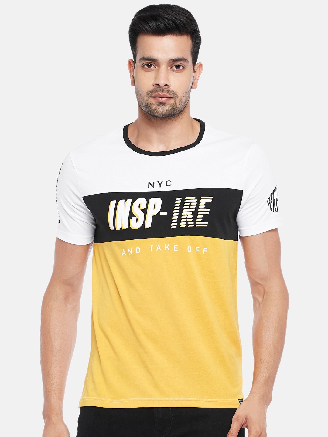 

People Men Yellow White Pure Cotton Printed Pure Cotton T-shirt