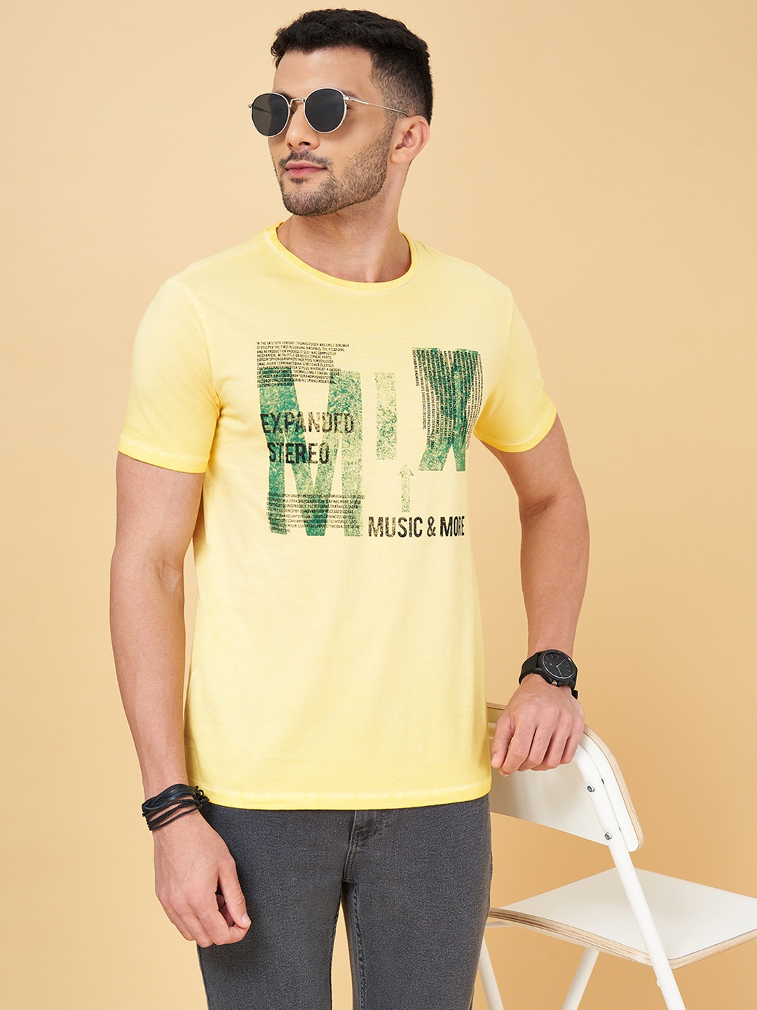 

People Men Yellow Pure Cotton Printed Pure Cotton T-shirt