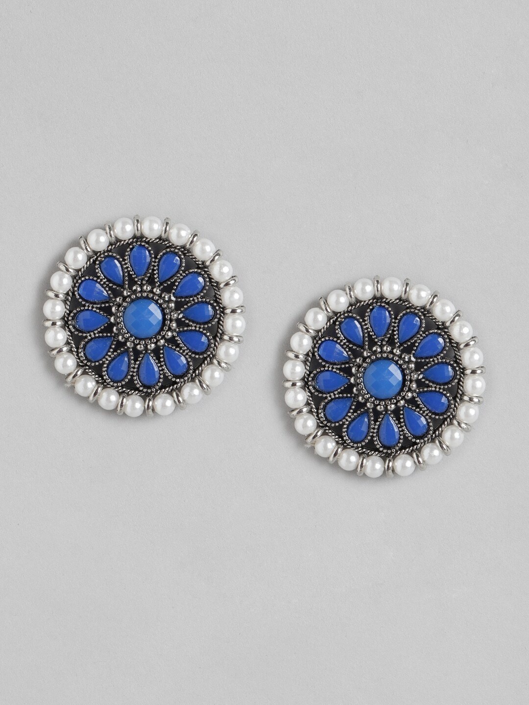 

Anouk Blue & White Silver-Plated Beaded Circular Drop Earrings