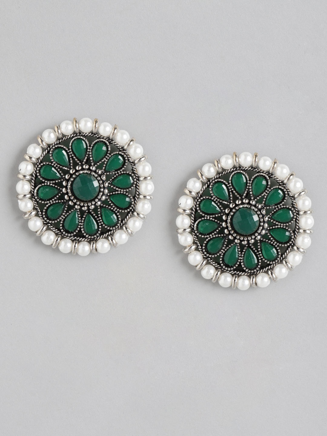

Anouk Green & White Silver-Plated Beaded Circular Drop Earrings