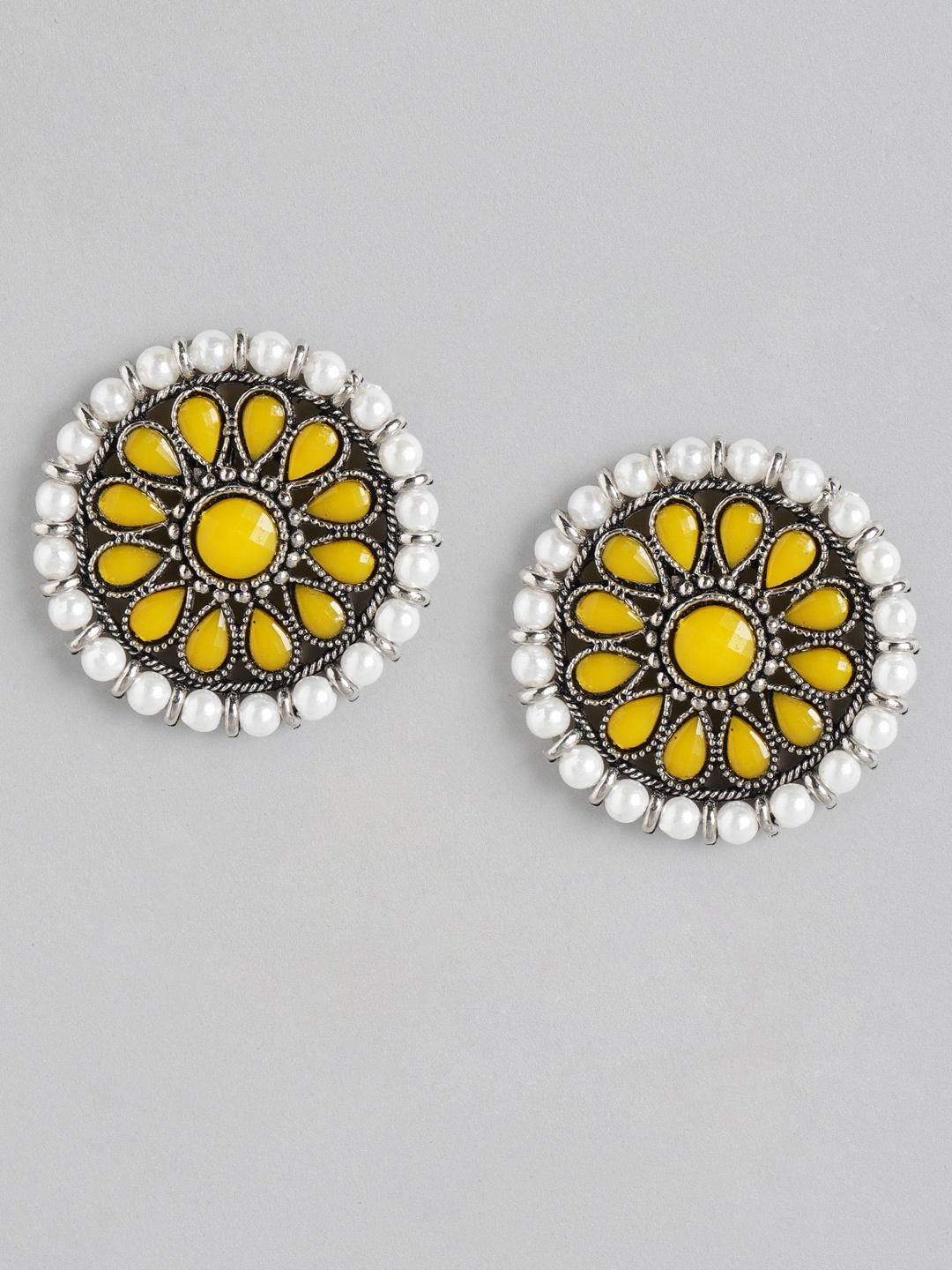 

Anouk Yellow & White Silver-Plated Beaded Circular Drop Earrings
