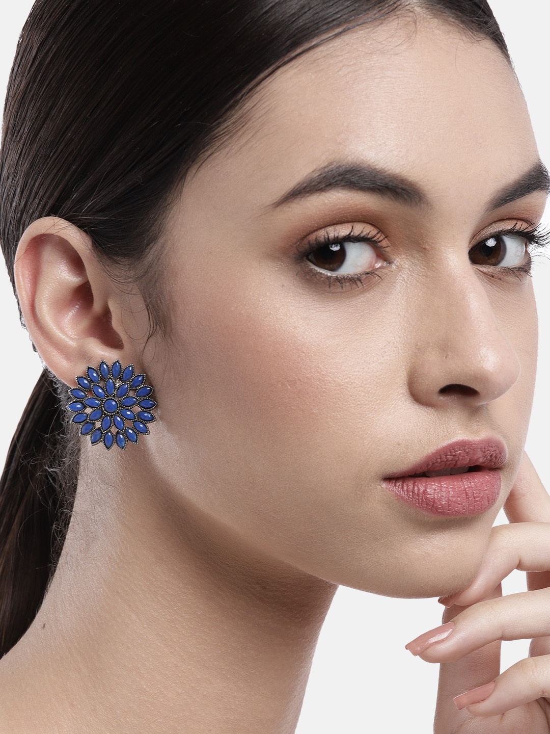 

Anouk Blue Silver-Plated Beaded Floral Shaped Drop Earrings