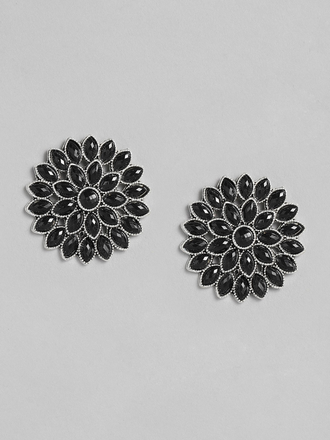 

Anouk Silver-Toned & Black Floral Studs Earrings