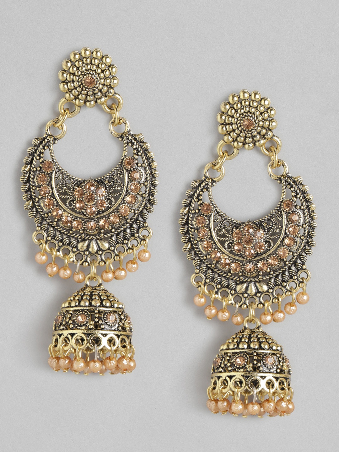 

Anouk Antique Gold-Plated Stone-Studded Beaded Dome Shaped Drop Earrings