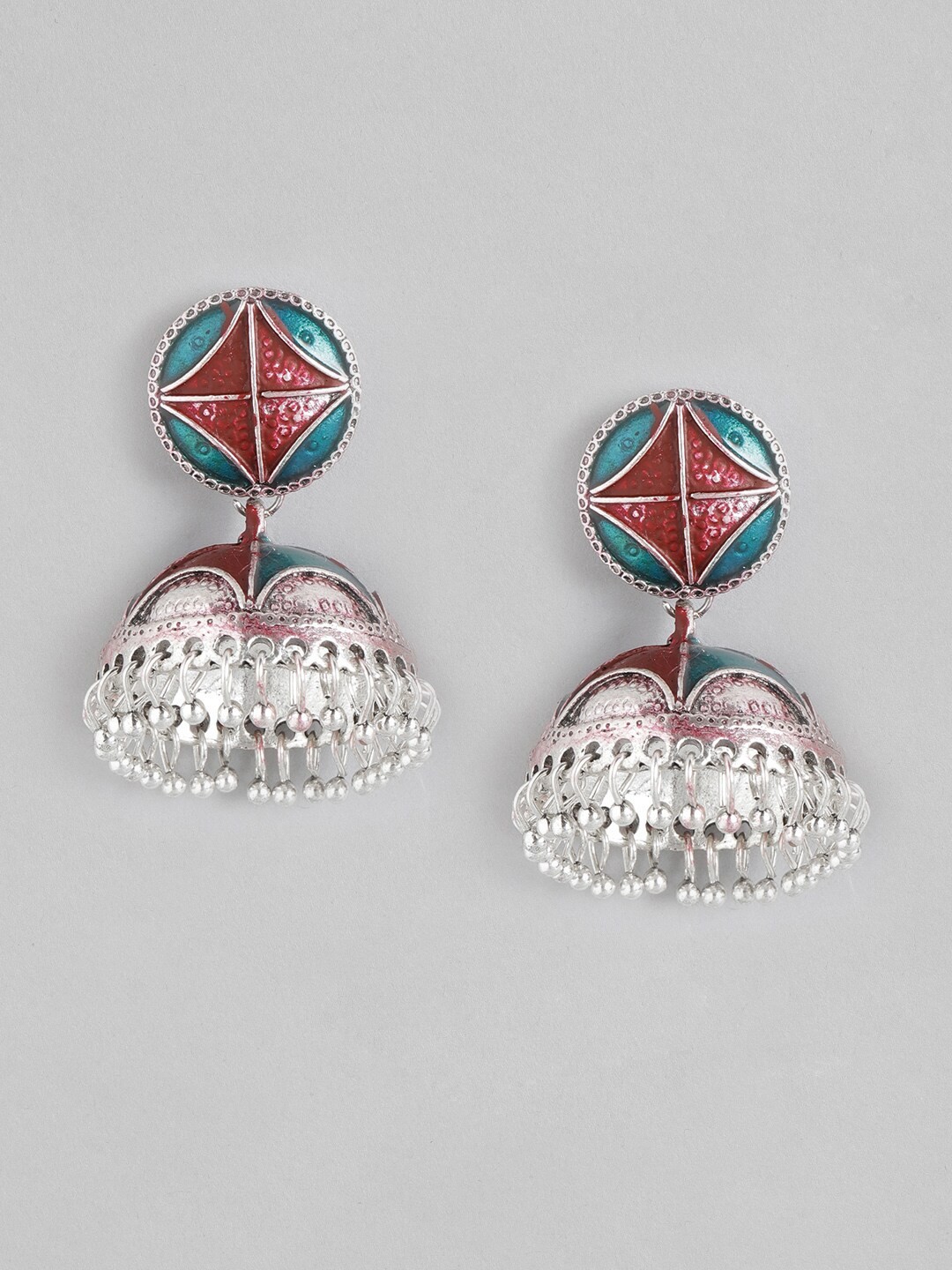 

Anouk Maroon & Green Silver-Plated Enamelled Dome Shaped Jhumkas