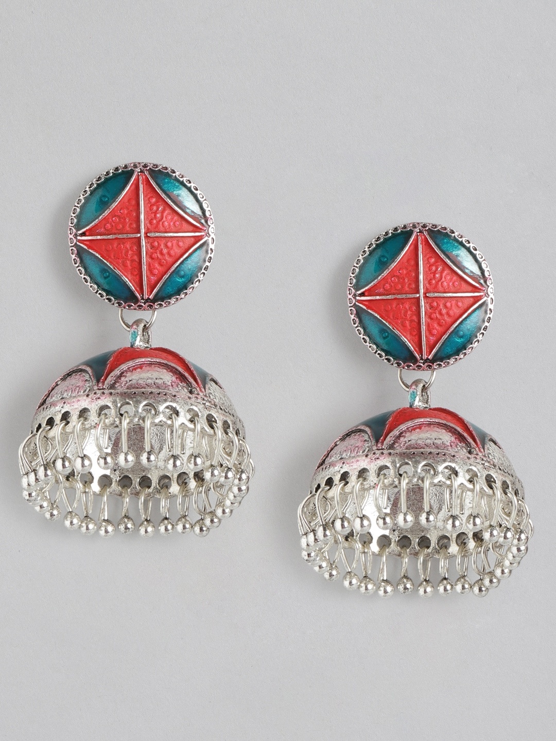 

Anouk Red & Green Silver-Plated Enamelled Dome Shaped Jhumkas Earrings