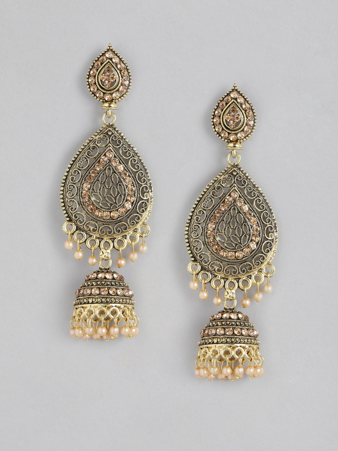 

Anouk Antique Gold-Plated Stone Studded & Beaded Teardrop Shaped Drop Earrings