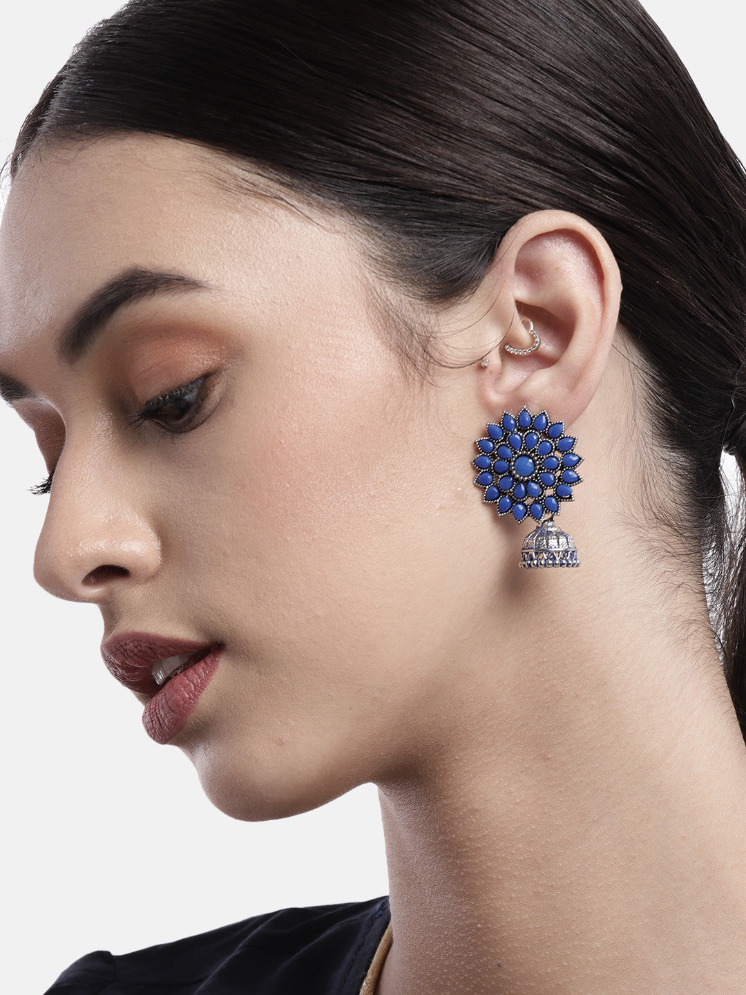 

Anouk Blue & Silver-Plated Floral Jumkas Earrings