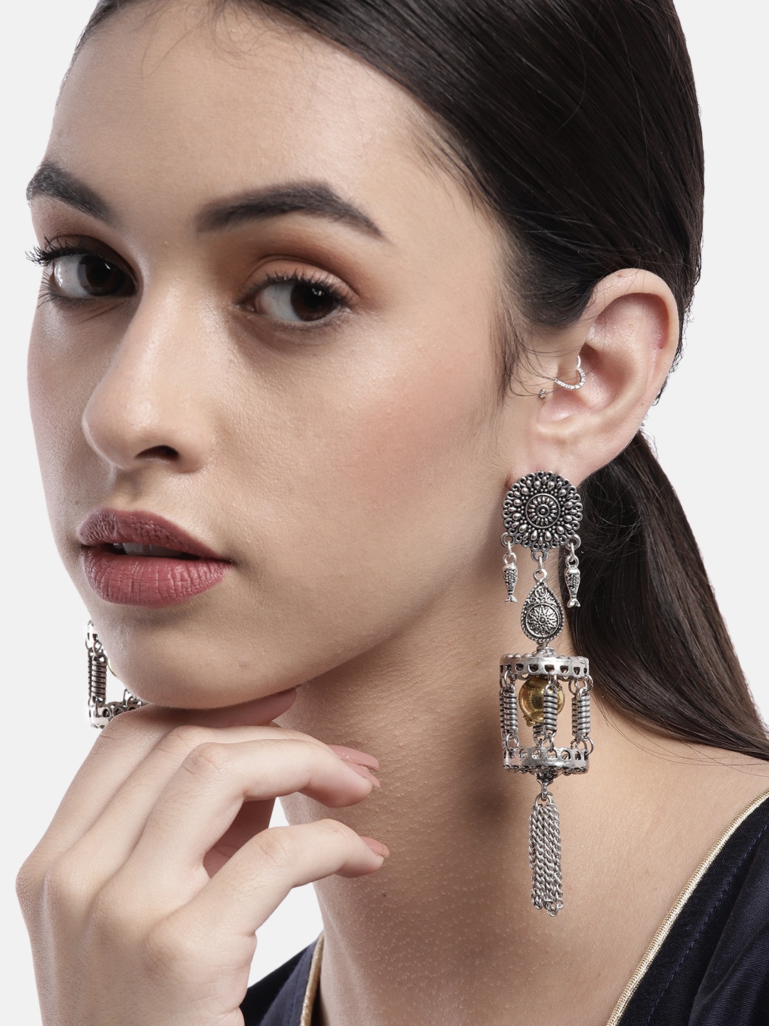 

Anouk Yellow & Silver-Plated Geometric Drop Earrings