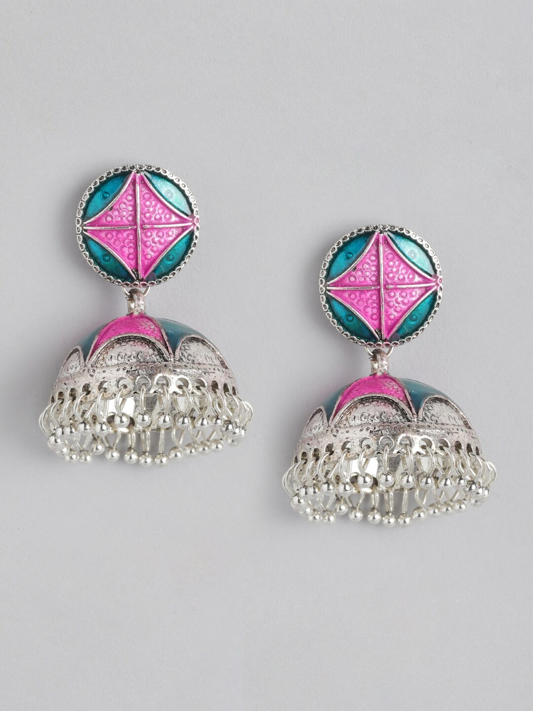 

Anouk Pink & Silver-Plated Dome Shaped Jhumkas Earrings