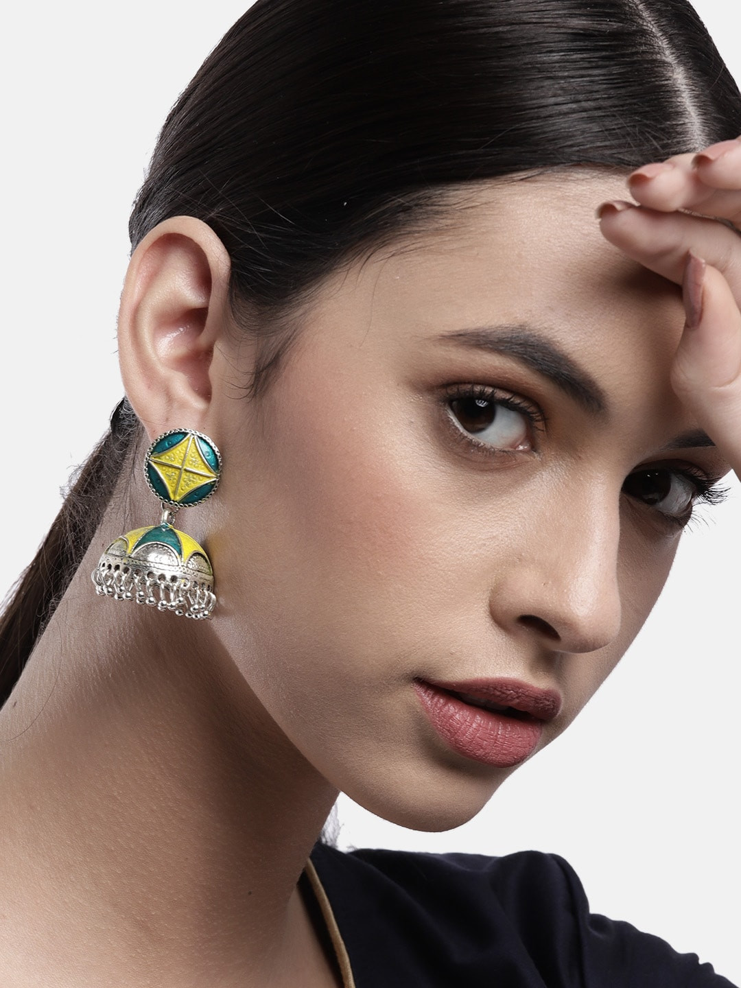 

Anouk Yellow & Silver-Plated Dome Shaped Jhumkas Earrings