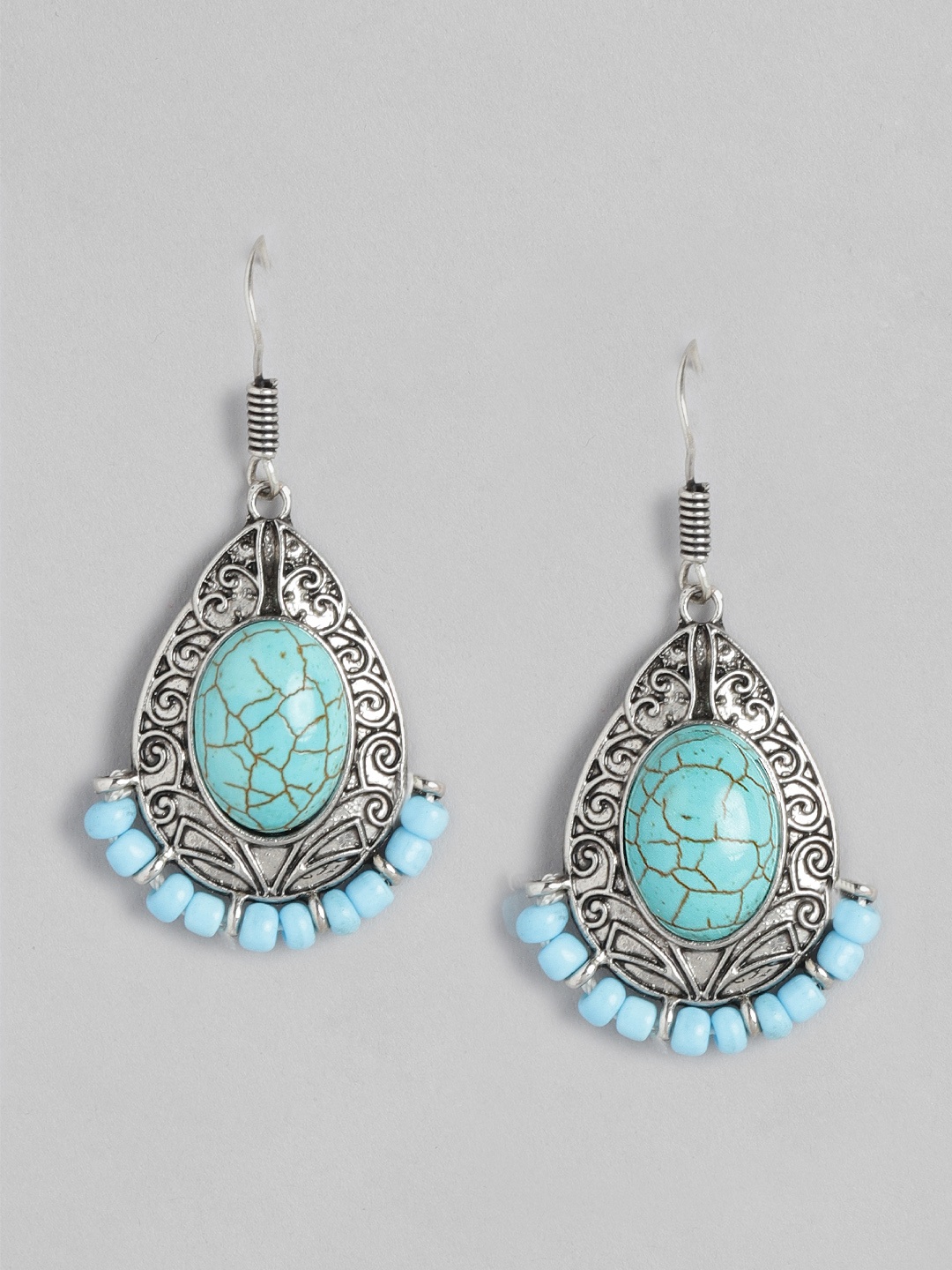 

Anouk Blue & Silver-Plated Teardrop Shaped Beaded Drop Earrings