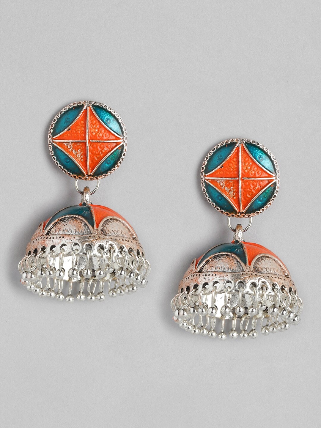 

Anouk Orange & Green Silver-Plated Enamelled Dome Shaped Jhumkas