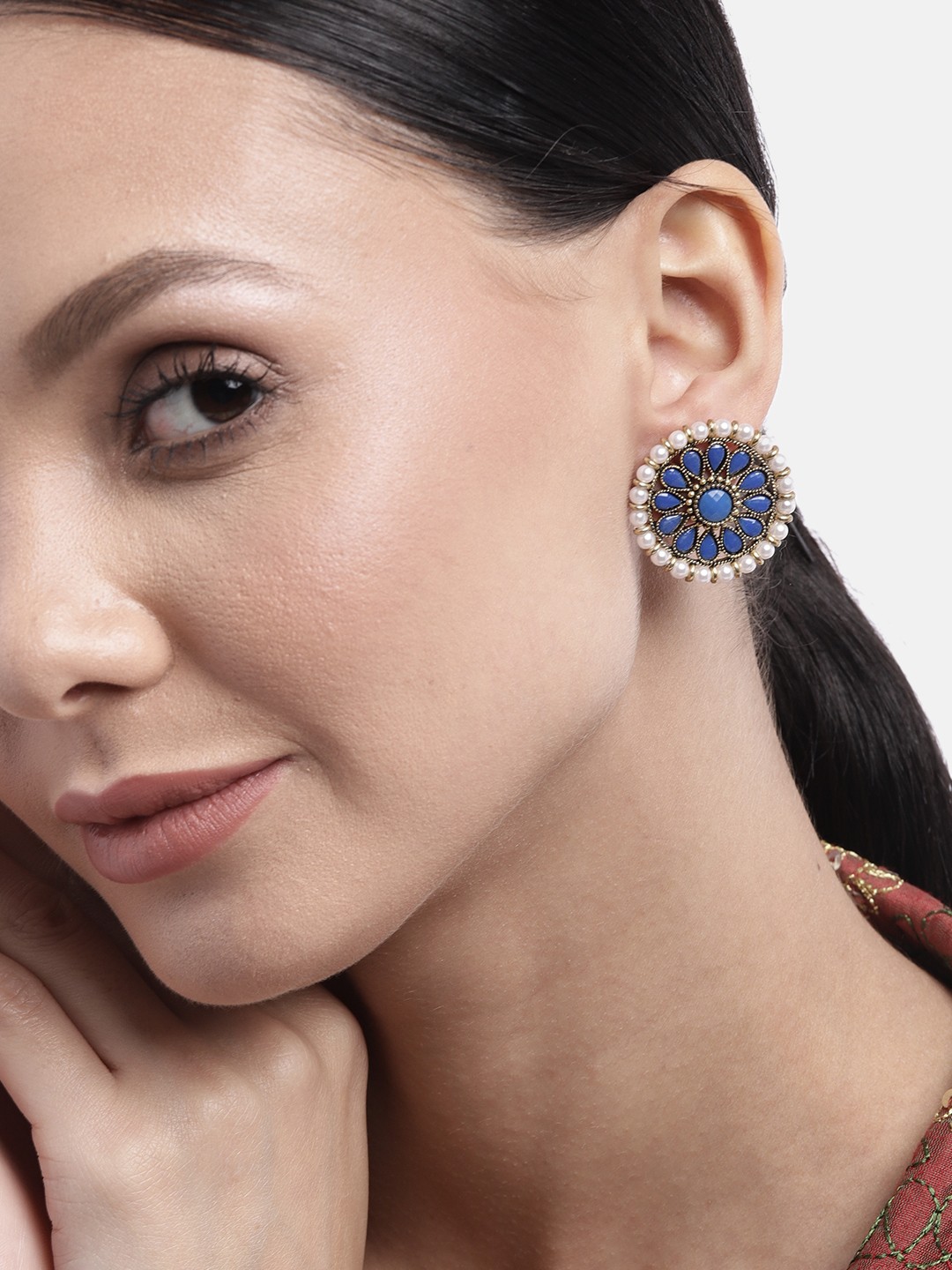 

Anouk Blue Gold-Plated Stone Studded & Beaded Oversized Floral Studs