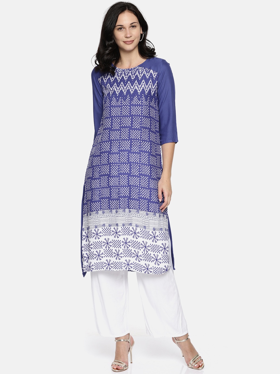 

Global Desi Women Blue & White Printed A-Line Kurta