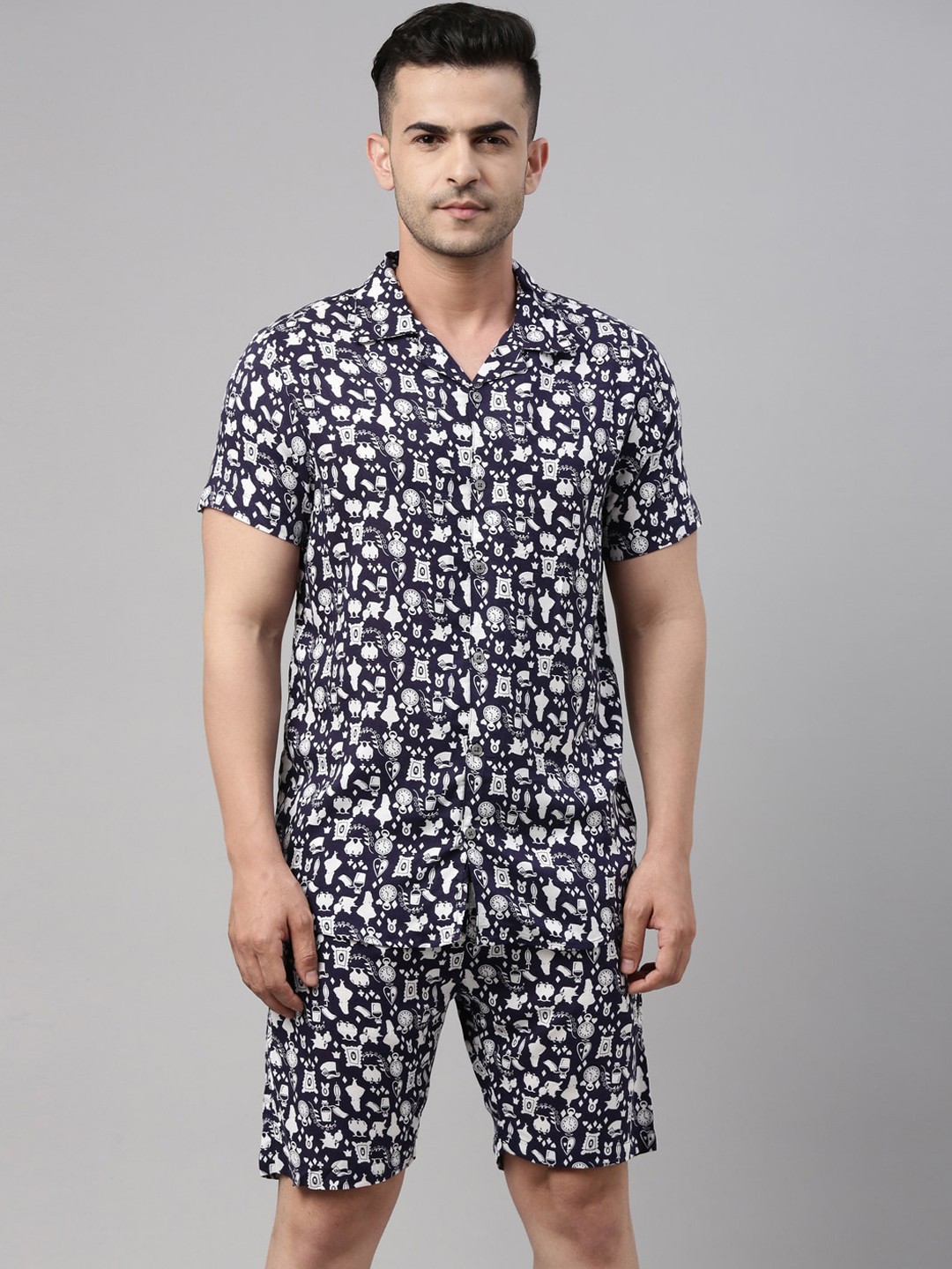 

Bushirt Men Navy Blue & White Printed Night Suit