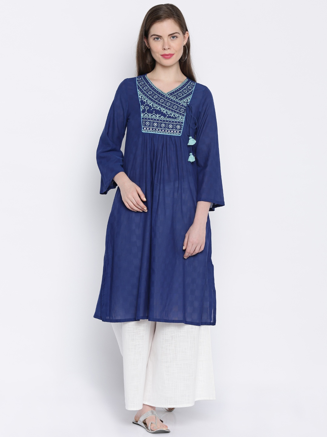 

Global Desi Women Blue Solid A-Line Kurta