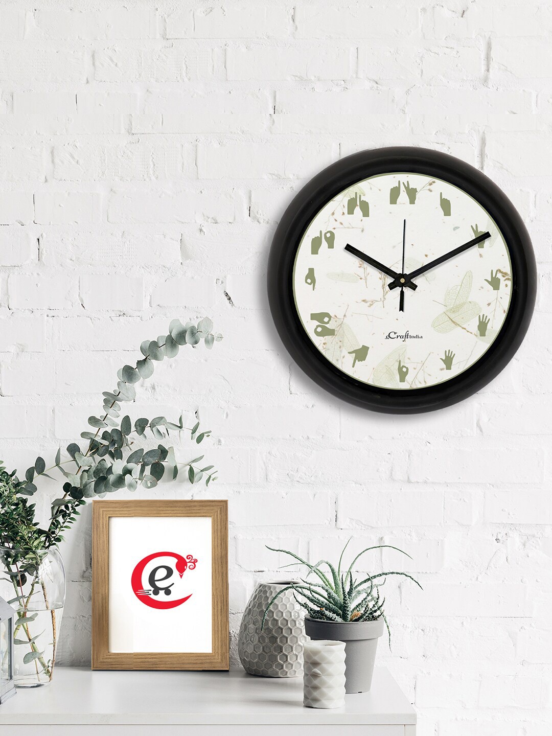 

eCraftIndia White & Black Hand Sign Printed Contemporary Analogue Wall Clock