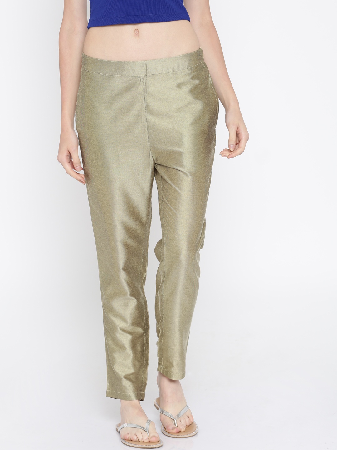 

Global Desi Women Khaki Self-Design Regular Trousers