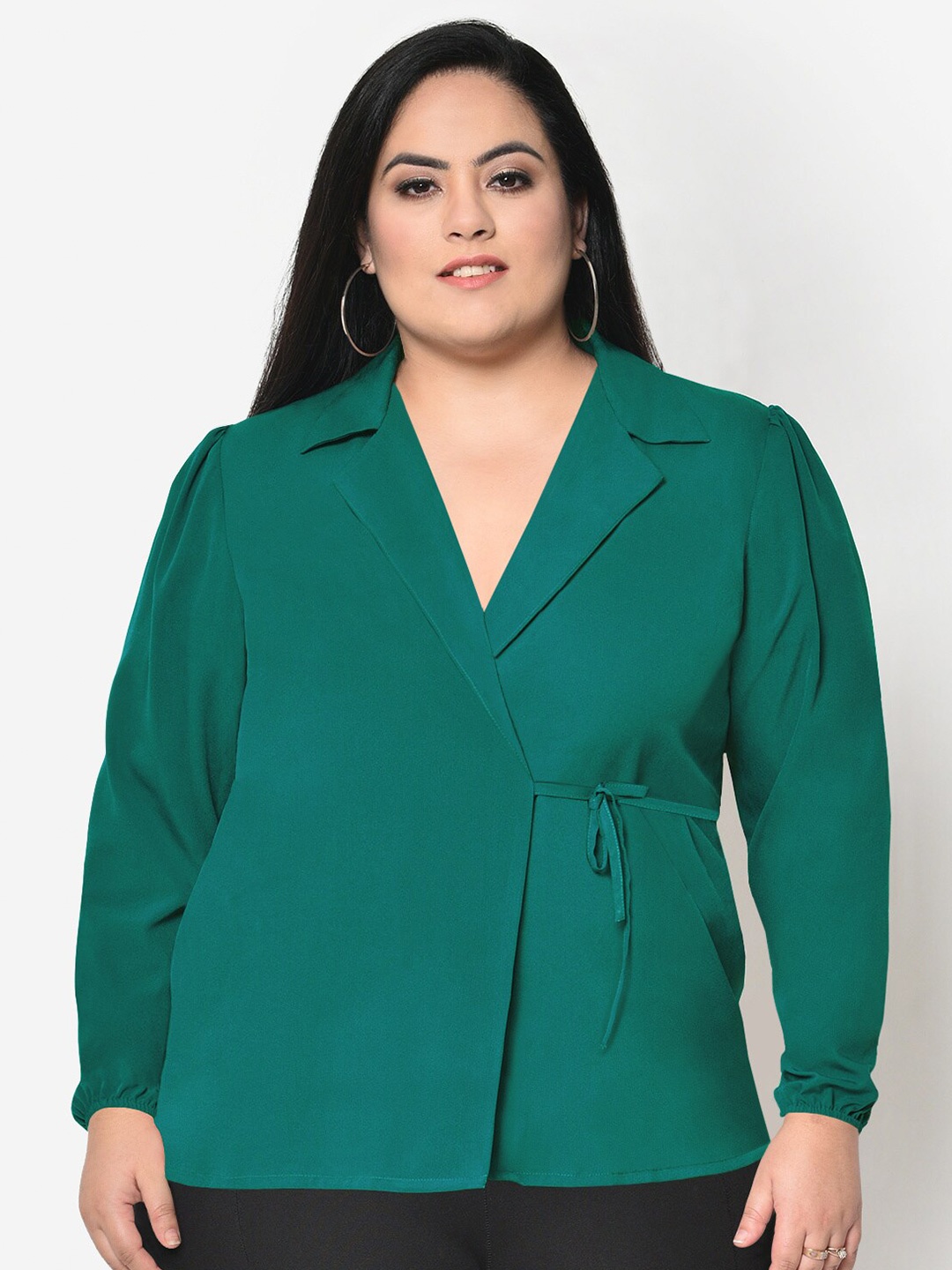 

wild U Green Crepe Plus Size Lapel Knotting Wrap Top