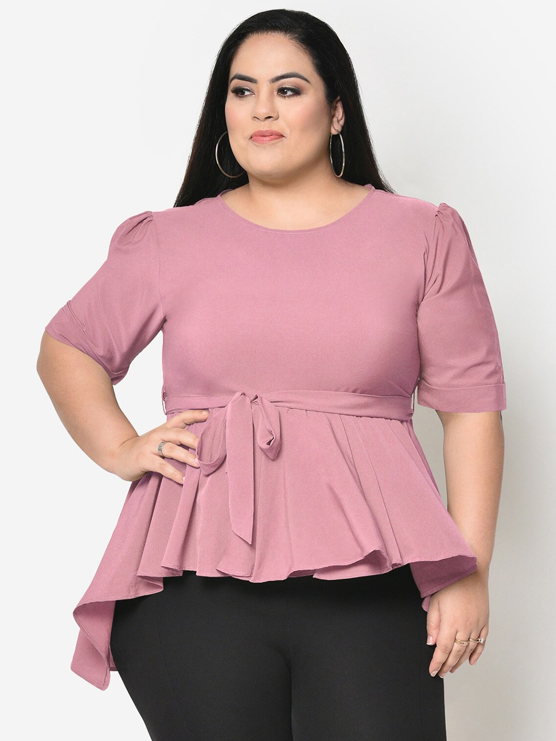 

wild U Pink Crepe Peplum Plus Size Belted Top