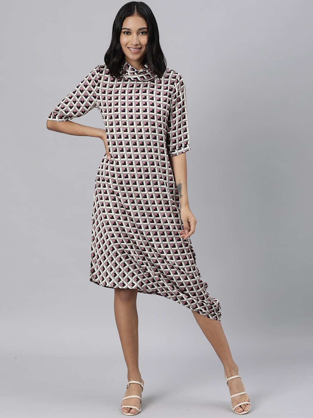 

RAREISM Grey & Pink A-Line Midi Dress