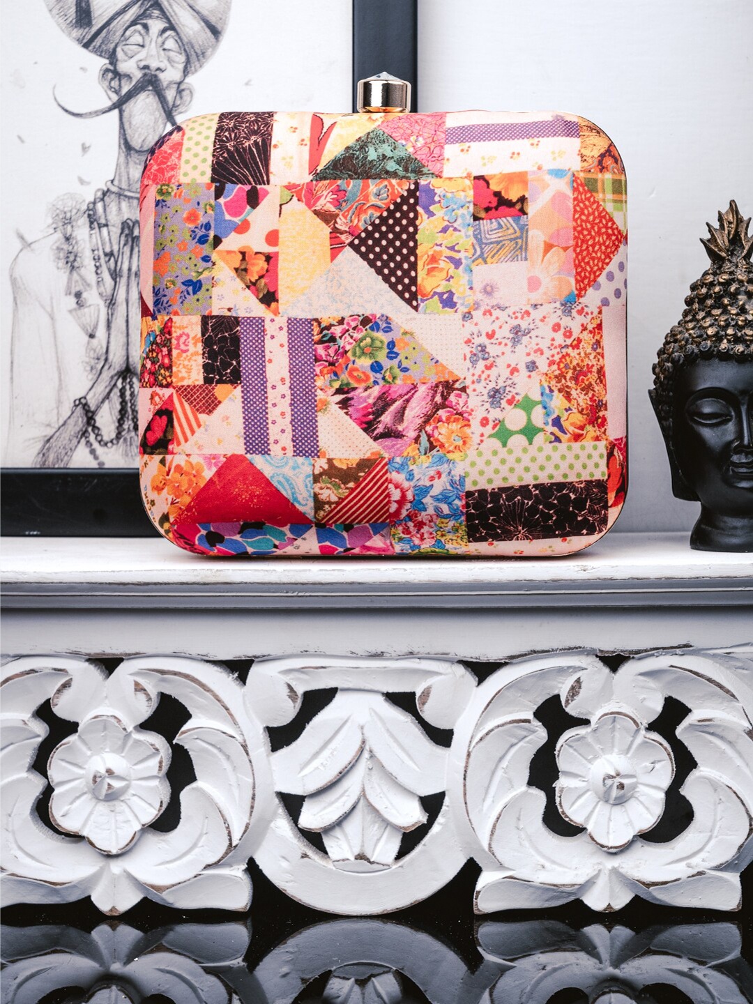 

NR By Nidhi Rathi Multicoloured Printed Box Clutch, Multi