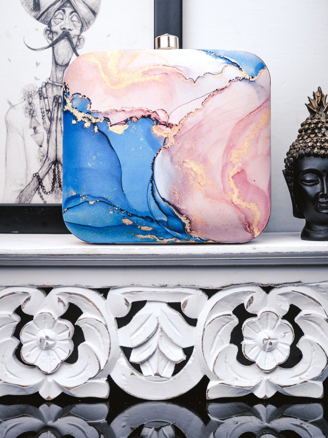 

NR By Nidhi Rathi Blue & Pink Printed Box Clutch