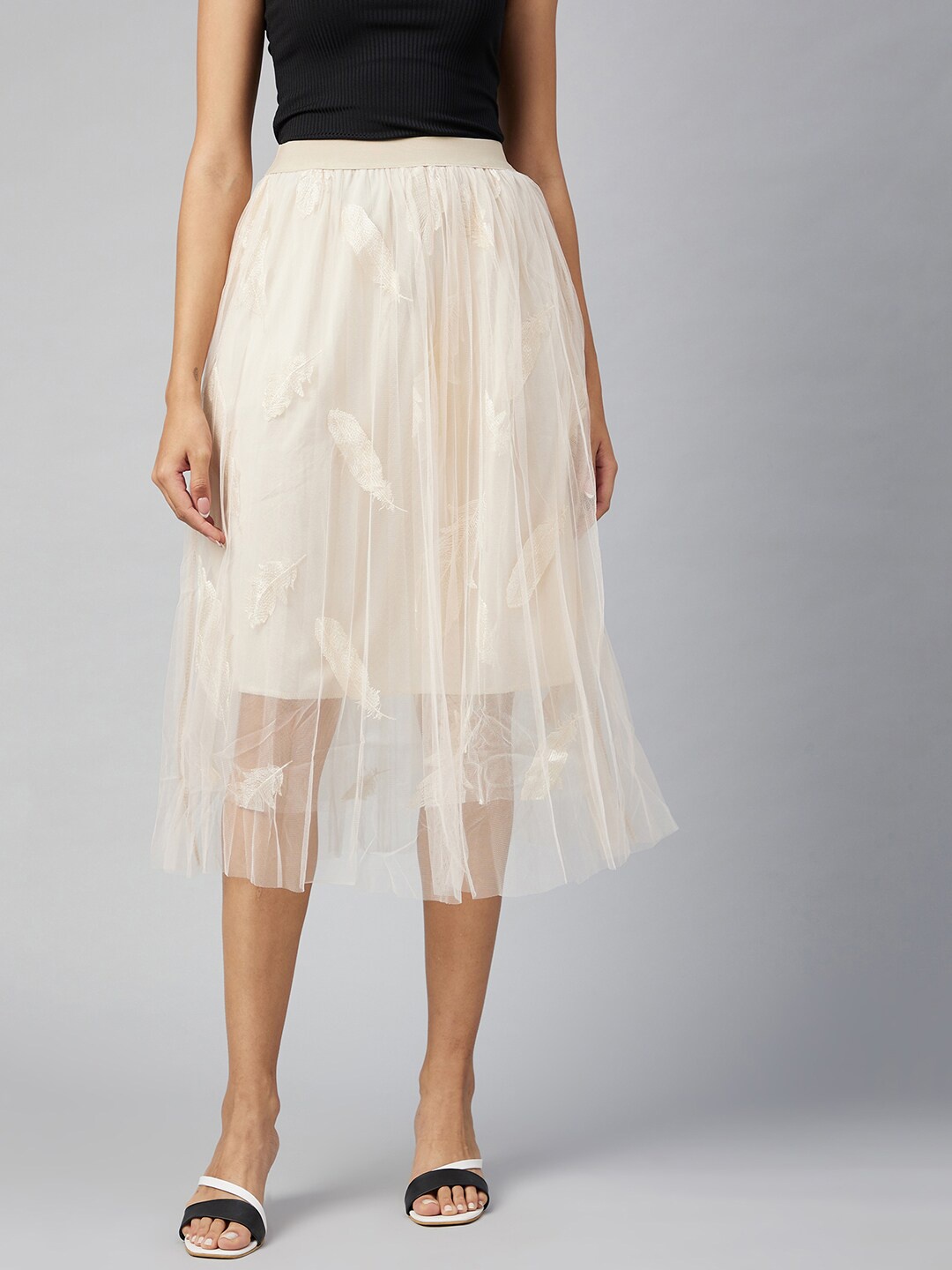 

StyleStone Women Beige Self Design Knee Length Flared Lace Skirt