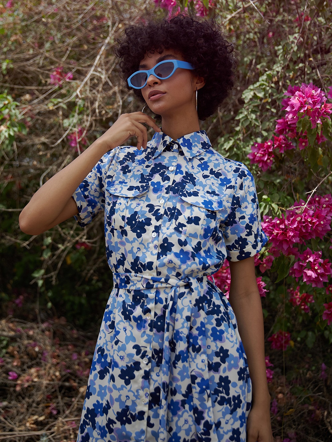 

StyleStone Blue & White Floral Crepe Shirt Dress