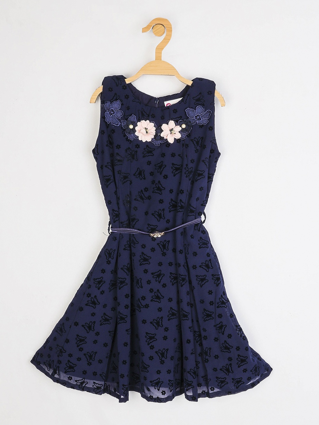 

Peppermint Girls Navy Blue & Black Self Design Round Neck Sleeveless Crepe Dress