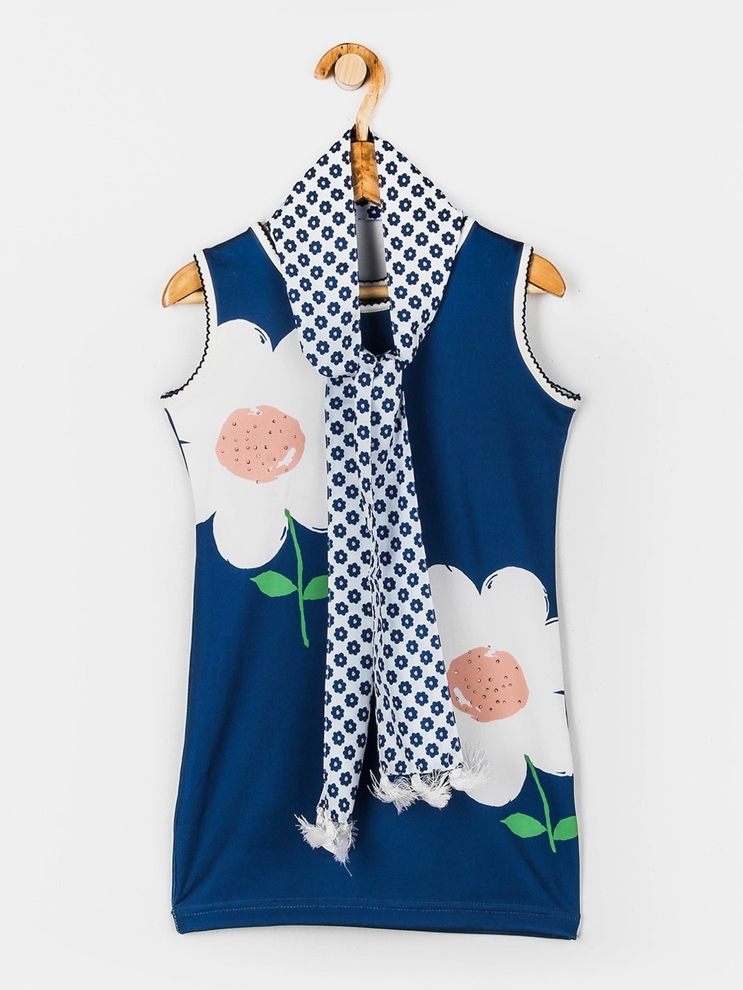 

Peppermint Teal & White Floral Regular Longline Top With Printed Stole