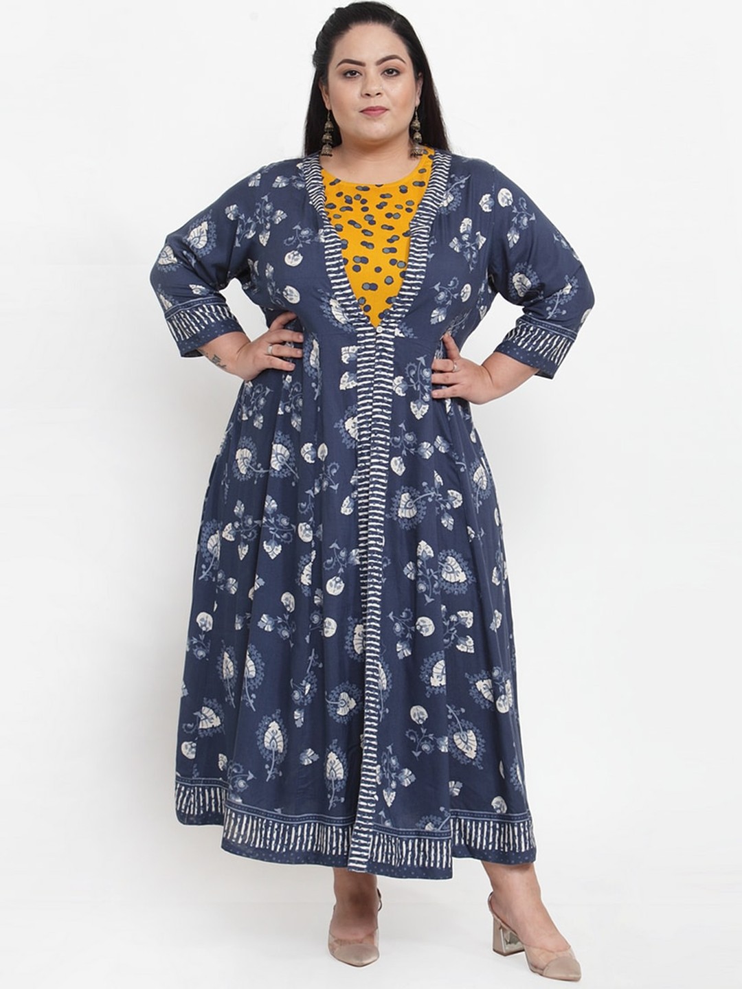 

plusS Women Navy Blue & Mustard Yellow Floral Printed Layered Anarkali Kurta