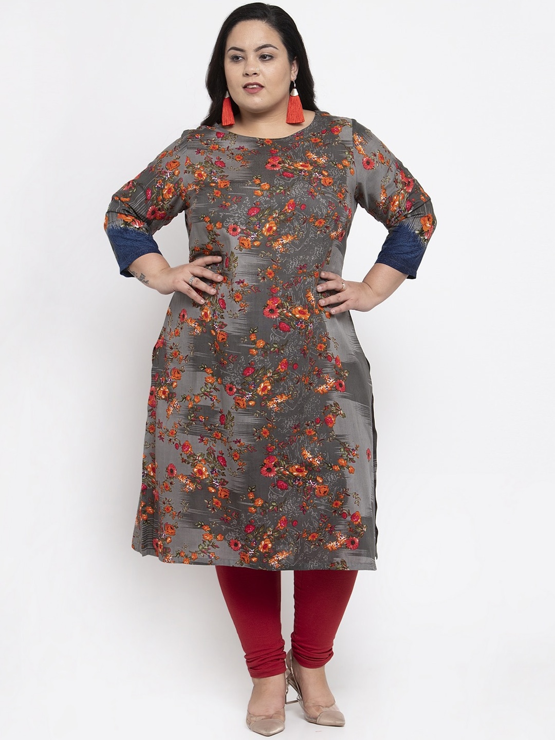 

plusS Women Grey & Orange Floral Printed Kurta