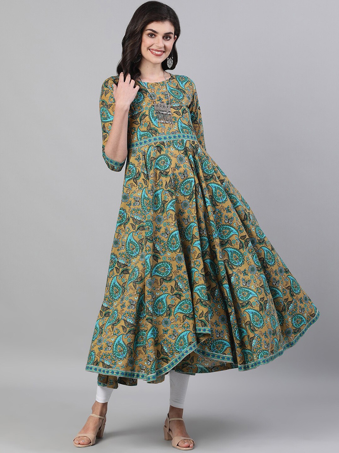 

GULMOHAR JAIPUR Women Green & Blue Ethnic Motifs Printed Anarkali Kurta