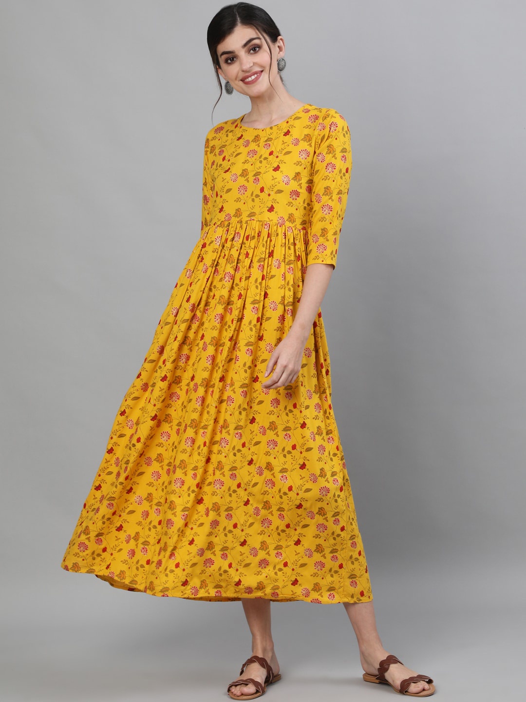 

GULMOHAR JAIPUR Yellow & Red Floral Printed Midi Dress