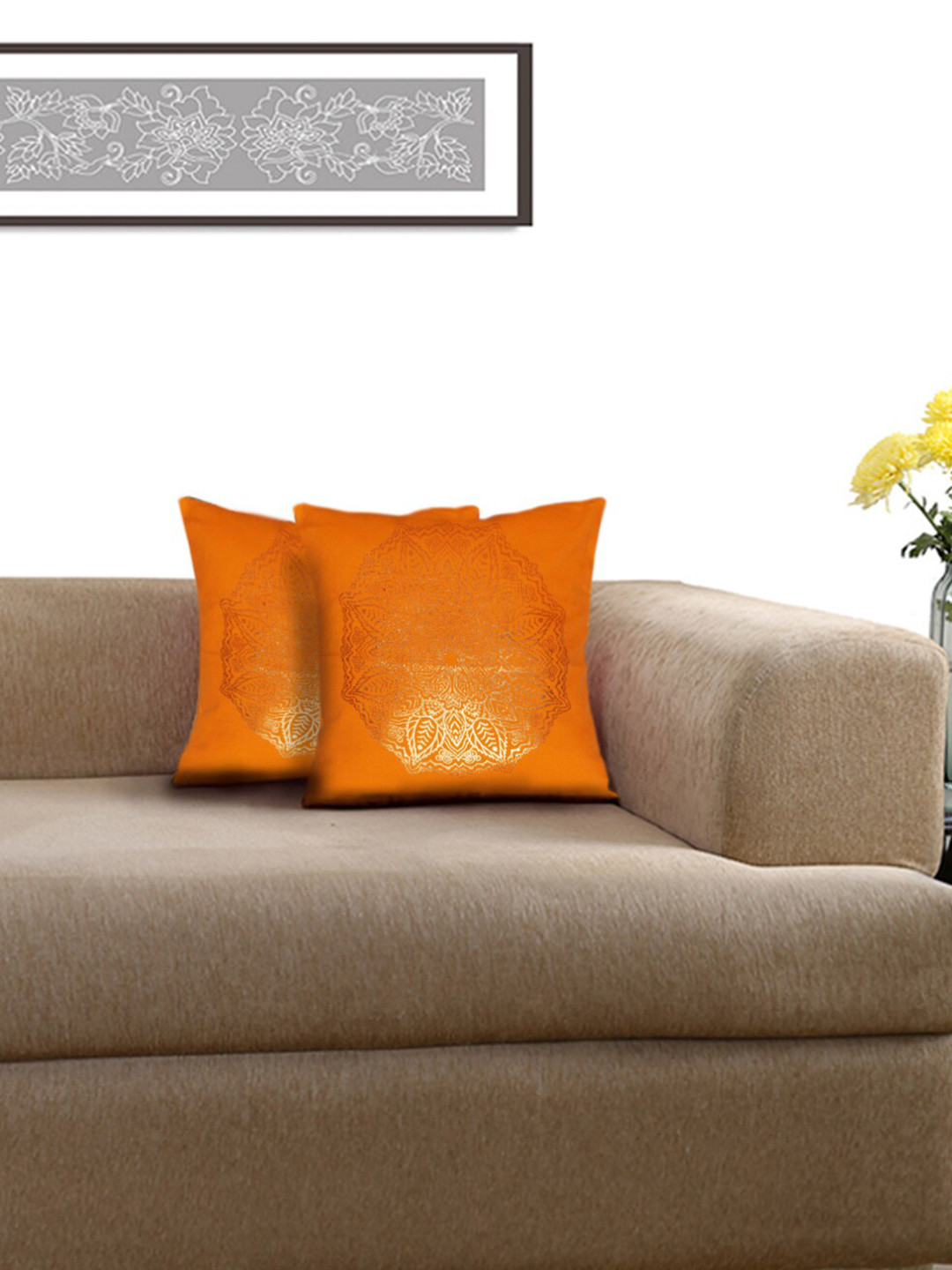 

Lushomes Orange & Gold-Toned Set of 2 Ethnic Motifs Square Cushion Covers
