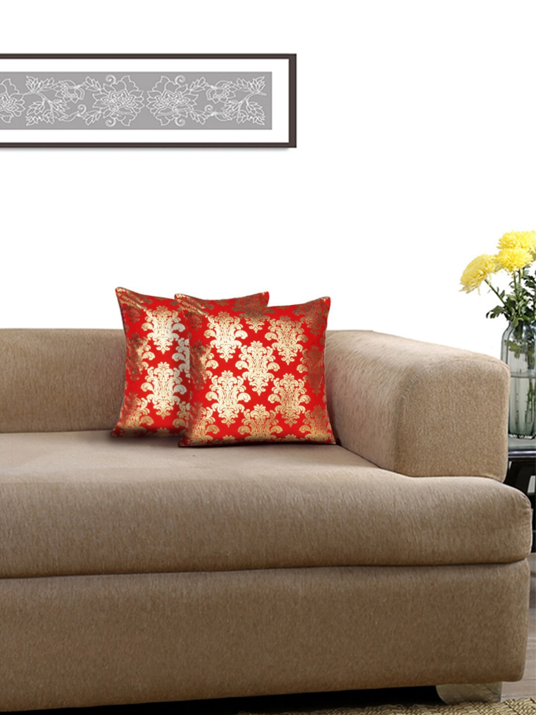 

Lushomes Red & Gold-Toned Set of 2 Ethnic Motifs Square Cushion Covers