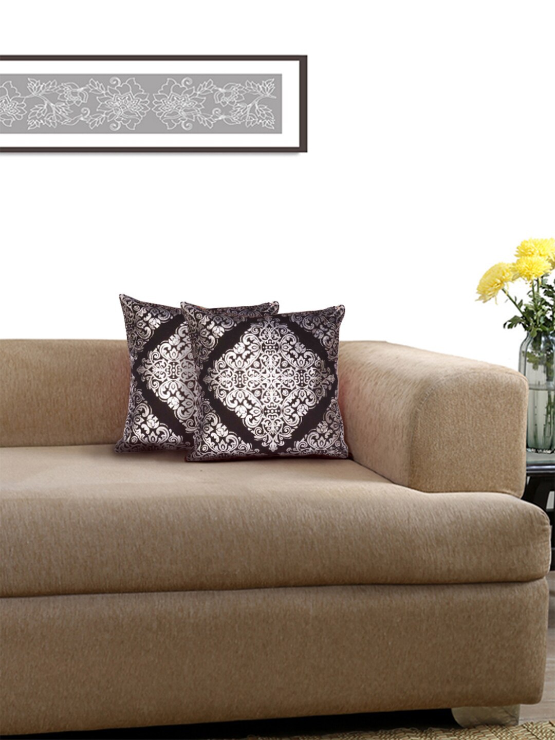 

Lushomes Black & Silver-Toned Set of 2 Ethnic Motifs Square Cushion Covers