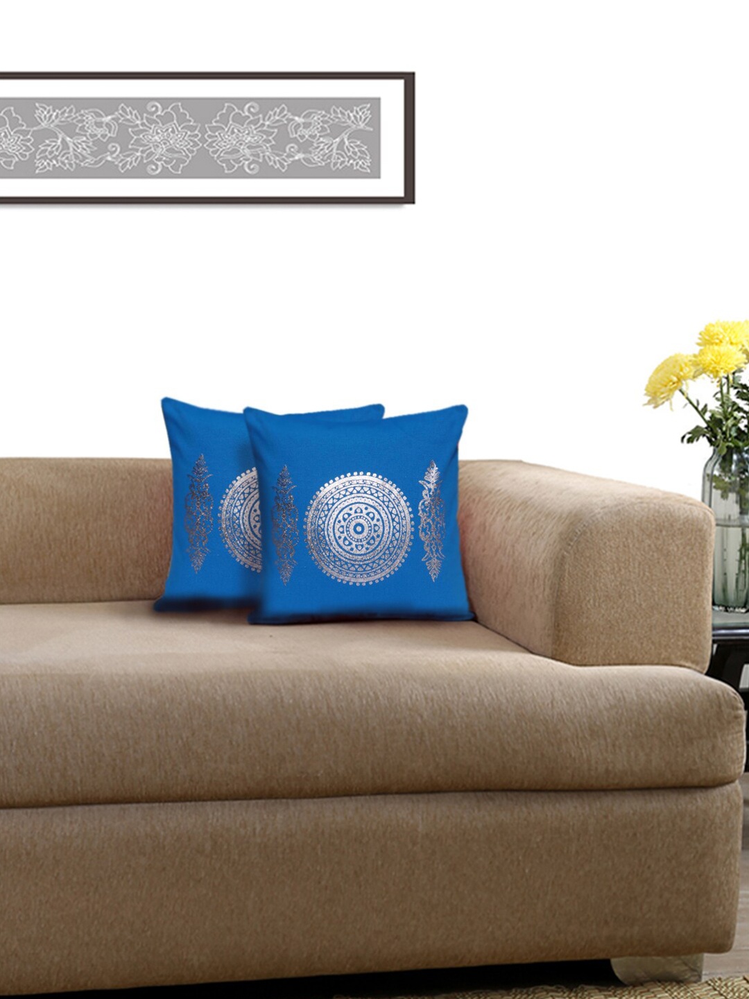 

Lushomes Turquoise Blue & Silver-Toned Set of 2 Floral Square Cushion Covers