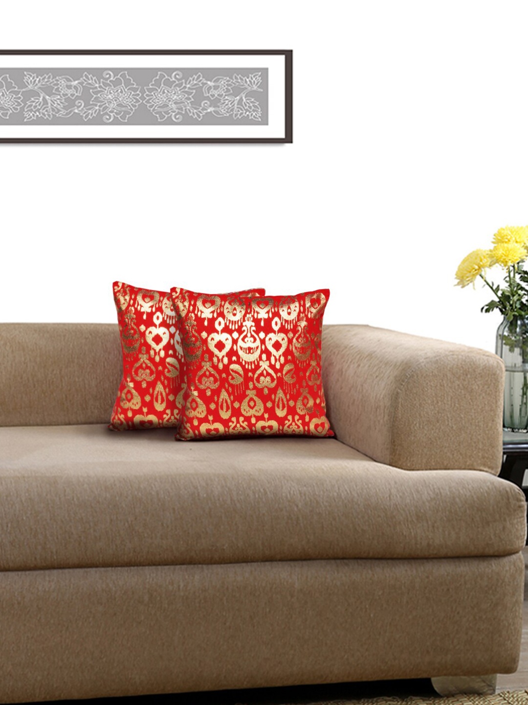 

Lushomes Red & Gold-Toned Set of 2 Ethnic Motifs Square Cushion Covers