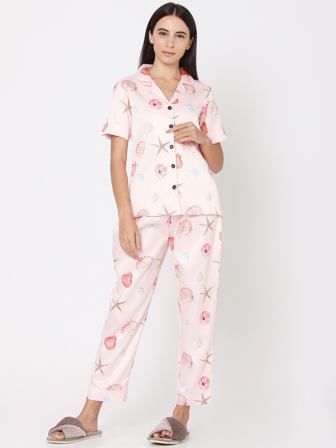 

Smarty Pants Women Pink & Red Graphic Printed Satin Night Suit