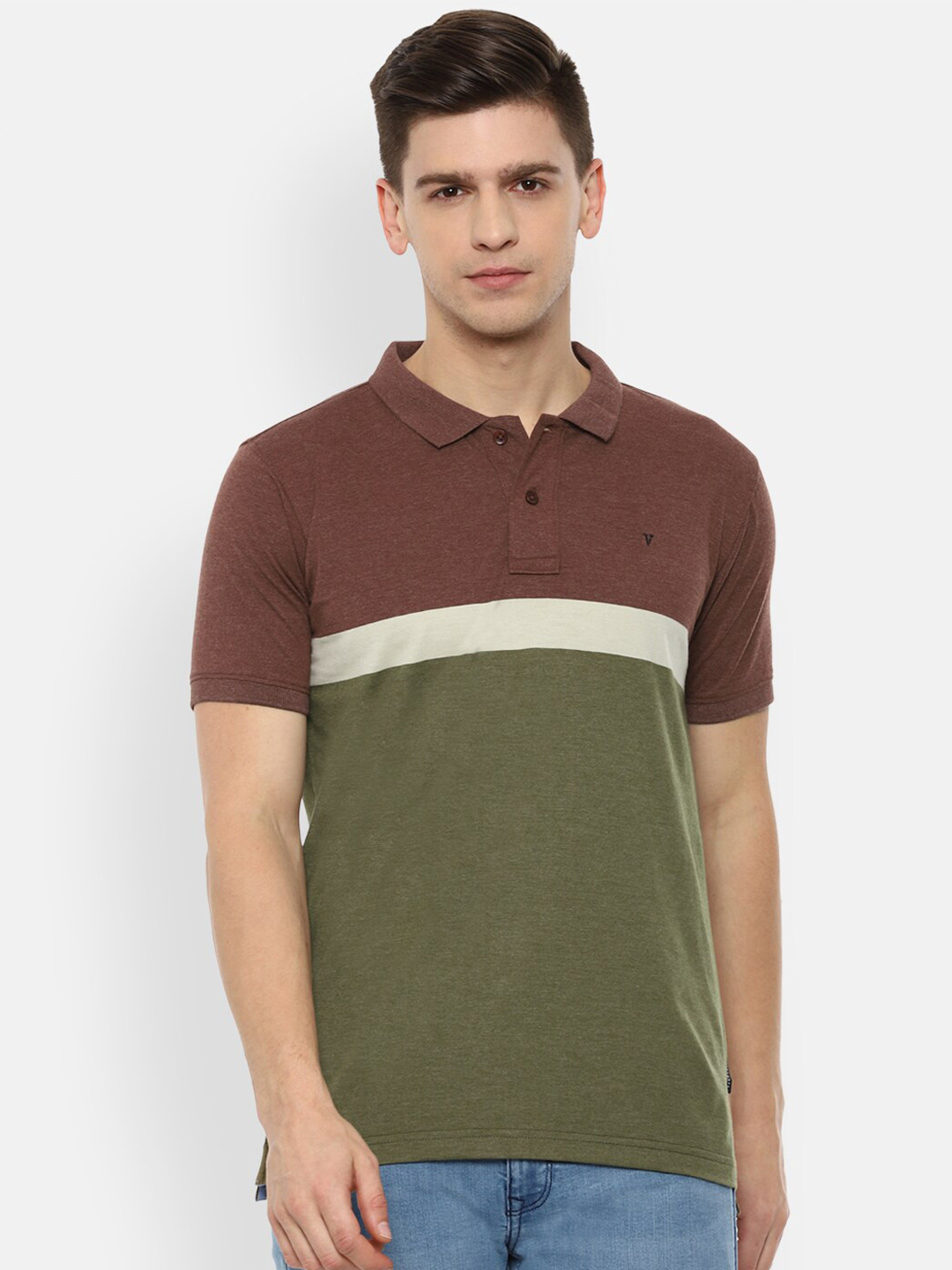 

Van Heusen Sport Men Olive Green Brown Colourblocked Polo Collar Pure Cotton T-shirt