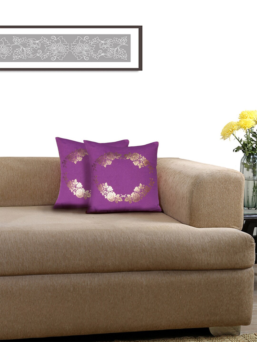 

Lushomes Violet & Gold-Toned Set of 2 Ethnic Motifs Square Cushion Covers