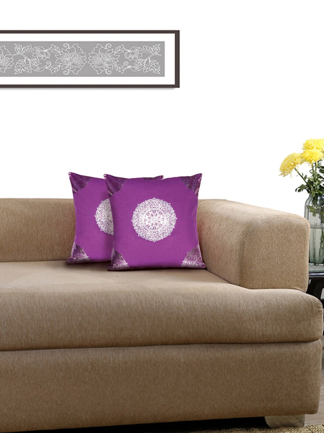 

Lushomes Violet & Silver-Toned Set of 2 Ethnic Motifs Square Cushion Covers