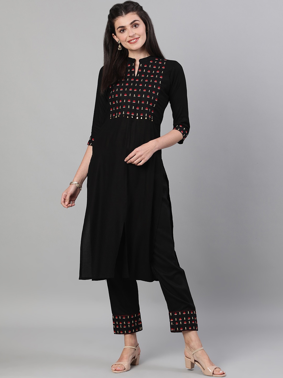 

GULMOHAR JAIPUR Women Black Ethnic Motifs Yoke Design Regular Kurta with Trousers