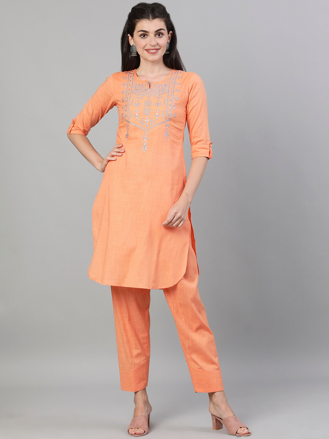 

GULMOHAR JAIPUR Women Pink & Blue Yoke Design Embroidered Pure Cotton Kurta & Trousers