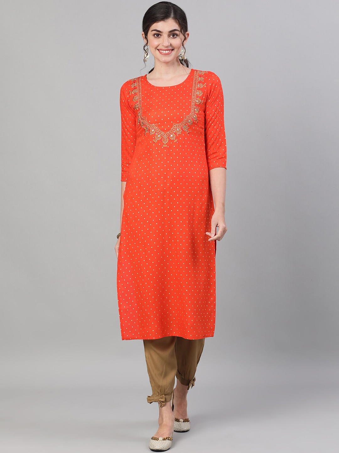 

GULMOHAR JAIPUR Women Orange Yoke Design Regular Thread Work Kurti with Trousers
