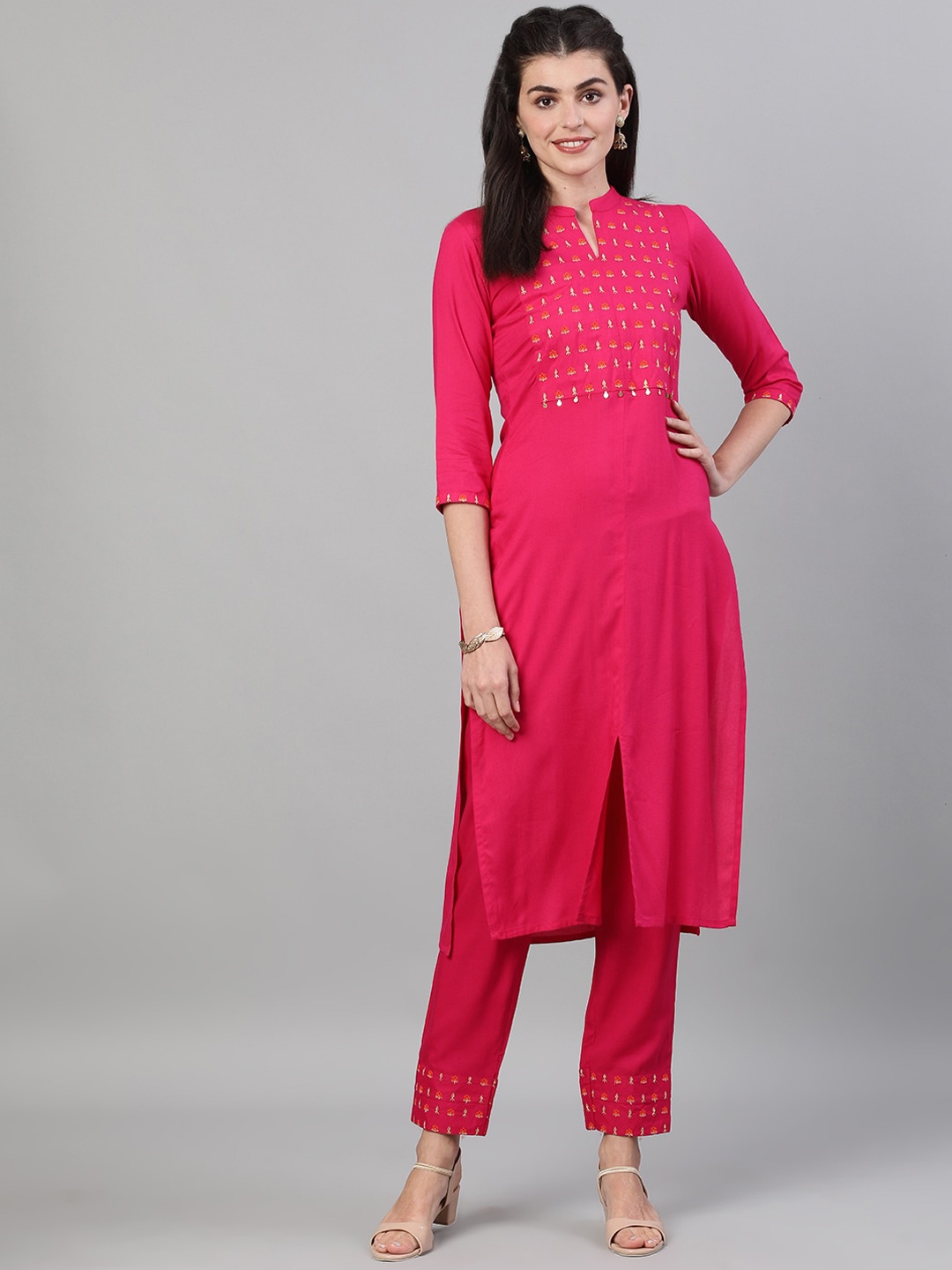 

GULMOHAR JAIPUR Women Pink Yoke Design Regular Kurta with Trousers