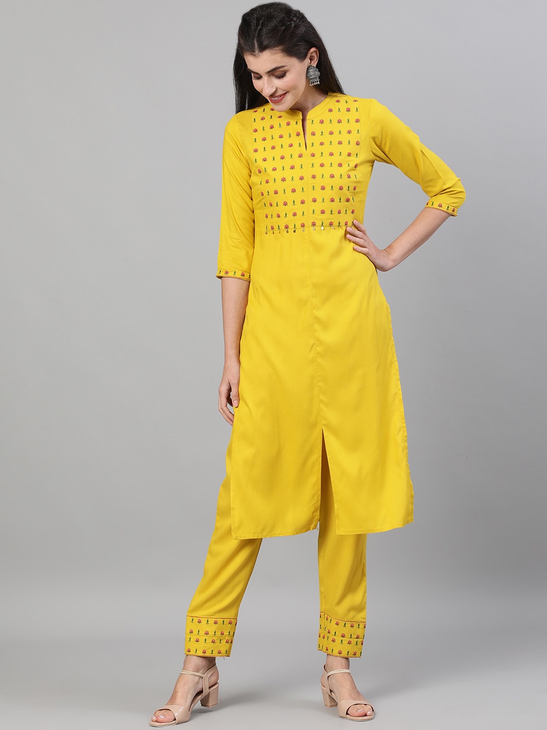 

GULMOHAR JAIPUR Women Yellow Floral Yoke Design Regular Kurta with Trousers